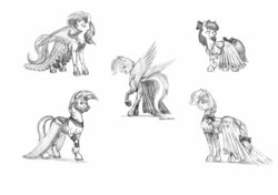 Size: 1400x988 | Tagged: safe, artist:baron engel, apple bloom, applejack, fluttershy, rainbow dash, zecora, zebra, g4, clothes, dress, monochrome, pencil drawing, traditional art