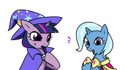 Size: 527x298 | Tagged: safe, artist:norang94, trixie, twilight sparkle, g4, accessory swap, cape, clothes, clothes swap, coronation dress, cosplay, costume, dress, duo, hat, hoof shoes, open mouth, sweat, sweatdrop, trixie's cape, trixie's hat