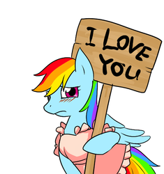 Size: 468x498 | Tagged: safe, artist:norang94, rainbow dash, g4, apron, blushing, bronybait, clothes, female, housewife, love, rainbow dash always dresses in style, sign, simple background, solo, tomboy taming