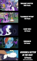 Size: 812x1324 | Tagged: safe, ahuizotl, mitsy, rainbow dash, rarity, twilight sparkle, alicorn, cat, pony, castle mane-ia, daring don't, g4, princess twilight sparkle (episode), season 4, female, flashback potion, glory hole, kicking a kitten in the face, kitten, mare, smugdash, tempting fate, twilight scepter, twilight sparkle (alicorn)