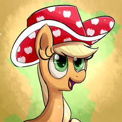 Size: 800x800 | Tagged: source needed, safe, artist:senx, applejack, daring don't, g4, apple hat, female, grin, hair tie, hat, party stetson, smiling, solo