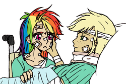 Size: 796x533 | Tagged: safe, artist:asdf314159265, applejack, rainbow dash, human, g4, duo, fanfic, female, hospital, humanized, injured, lesbian, light skin, ship:appledash, shipping