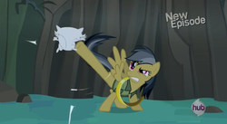 Size: 849x464 | Tagged: safe, screencap, daring do, mitsy, cat, pegasus, pony, daring don't, g4, ahuizotl's cats, animal, clothes, female, fight, kick, kicking a kitten in the face, kitten, mare, rings of scorchero