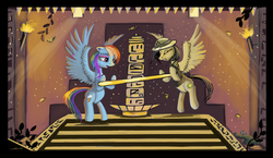 Size: 6840x3960 | Tagged: safe, artist:auroriia, daring do, rainbow dash, pegasus, pony, daring don't, g4, duo, female, mare, pillar of burnination, ring, rings of scorchero, scene interpretation, torch