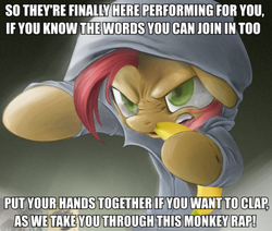 Size: 612x519 | Tagged: safe, babs seed, earth pony, pony, g4, babs the rapper, banana, clothes, dk rap, donkey kong 64, donkey kong country, exploitable meme, female, filly, hoodie, image macro, meme, nose wrinkle, solo, song in the comments