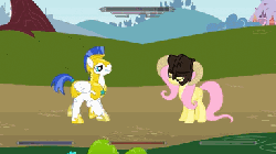 Size: 384x216 | Tagged: safe, fluttershy, pegasus, pony, ponies: the anthology 3, g4, animated, dovahkiin, dovahshy, duo, eyes closed, female, flutteryay, fus-ro-dah, guard, mare, parody, royal guard, skyrim, the elder scrolls, yay