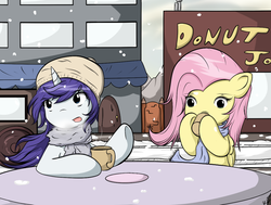 Size: 1024x773 | Tagged: safe, artist:chaikeon, donut joe, fluttershy, rarity, g4, alternate hairstyle, cafe, clothes, drinking, hat, scarf, snow, snowfall, table, winter
