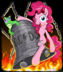 Size: 1050x1202 | Tagged: safe, artist:flutterthrash, gummy, pinkie pie, g4, ac/dc, bell, chains, fire, hammer, hard rock, hell, hells bells, rock (music), song reference