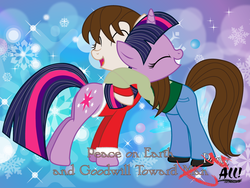 Size: 1024x768 | Tagged: safe, artist:rob barba, twilight sparkle, oc, oc:dj martinez, fanfic:all-american girl, g4, christmas, clothes, holiday, hug, sweater, text, ugly christmas sweater