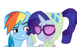 Size: 2970x1800 | Tagged: safe, rainbow dash, rarity, g4, blushing, camping outfit, female, glasses, lesbian, scrunchy face, ship:raridash, shipping, simple background, smugdash, sunglasses, transparent background, vector