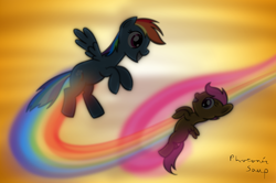 Size: 1280x852 | Tagged: safe, artist:photonicsoup, rainbow dash, scootaloo, g4, backlighting, flying, scootaloo can fly, trail