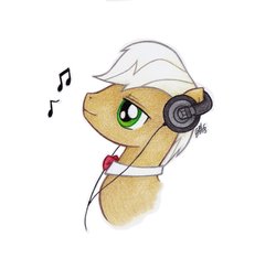 Size: 904x884 | Tagged: safe, artist:mnms6, frederic horseshoepin, earth pony, pony, g4, headphones, male, solo, stallion, traditional art