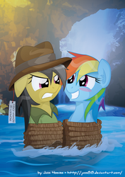 Size: 1181x1670 | Tagged: safe, artist:jcosneverexisted, daring do, rainbow dash, oc, pegasus, pony, g4, angry, duo, hat, indiana jones, rainbond dash, rope, sheepish grin, tied up, water