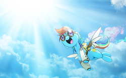 Size: 2560x1600 | Tagged: safe, artist:steamcrafters, rainbow dash, g4, artificial wings, augmented, female, flying, goggles, lens flare, mechanical wing, sky, solo, steampunk, wallpaper, wings