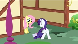 Size: 1136x640 | Tagged: safe, screencap, fluttershy, rarity, pony, g4, party of one, butt, female, mare, plot