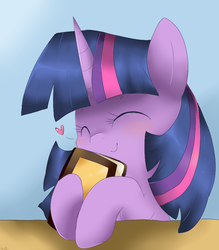 Size: 762x871 | Tagged: safe, artist:sunomii, twilight sparkle, g4, ^^, book, bust, closed mouth, eyes closed, happy, heart, hug, smiling, solo, that pony sure does love books