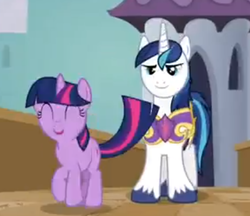 Size: 851x735 | Tagged: safe, screencap, shining armor, twilight sparkle, pony, unicorn, a canterlot wedding, g4, cropped, duo, eyes closed, happy, needs more jpeg, out of context, standing