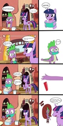 Size: 4119x8184 | Tagged: safe, artist:helsaabi, spike, twilight sparkle, g4, absurd resolution, comic, gem, mask, surgical mask, table flip