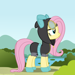 Size: 1600x1600 | Tagged: safe, artist:noah-x3, fluttershy, pegasus, pony, g4, bunny ears, clothes, costume, dangerous mission outfit, female, goggles, hoodie, mare, show accurate, solo