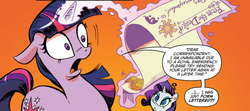 Size: 932x415 | Tagged: safe, idw, official comic, rarity, twilight sparkle, g4, spoiler:comic, letter, shocked