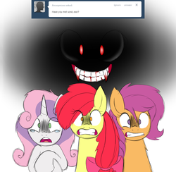 Size: 1024x1000 | Tagged: safe, artist:tails-doll-lover, apple bloom, scootaloo, sweetie belle, g4, ask, cutie mark crusaders, scared, teenage crusaders answers, teenager, tumblr