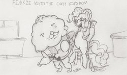 Size: 900x528 | Tagged: safe, artist:sargesprinkles, pinkie pie, g4, adventure time, crossover, male, monochrome, strip club
