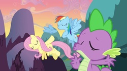 Size: 1136x640 | Tagged: safe, screencap, fluttershy, rainbow dash, spike, g4, the crystal empire, animation error, eyes closed, kissy face, singing, song, the success song