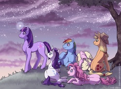 Size: 1200x887 | Tagged: safe, artist:zyephens-insanity, applejack, fluttershy, pinkie pie, rainbow dash, rarity, twilight sparkle, g4, mane six, sleeping, stars