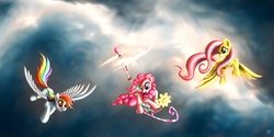 Size: 1600x800 | Tagged: safe, artist:pyrestorm, fluttershy, pinkie pie, rainbow dash, g4, flying, flying contraption, flying machine, pedalcopter, pinkiecopter