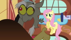 Size: 1136x640 | Tagged: safe, screencap, discord, fluttershy, g4, keep calm and flutter on, my little pony: friendship is magic, derp, multiple heads, two heads, wat