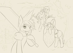 Size: 1196x873 | Tagged: safe, artist:v-invidia, fluttershy, human, pegasus, pony, g4, cloud strife, fallout, final fantasy, final fantasy vii, grayscale, group, link, monochrome, the legend of zelda