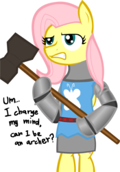 Size: 822x1174 | Tagged: safe, artist:jakethespy, fluttershy, pony, g4, armor, bipedal, chivalry, chivalry medieval warfare, dialogue, fantasy class, female, flutterknight, hammer, knight, simple background, solo, transparent background, warrior