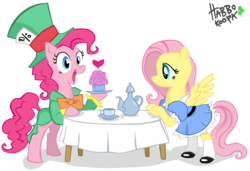 Size: 2722x1858 | Tagged: dead source, safe, artist:habbokoopa, fluttershy, pinkie pie, g4, alice in wonderland, crossover