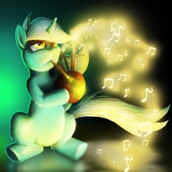 Size: 1000x1000 | Tagged: safe, artist:thepleonasticpotato, lyra heartstrings, pony, unicorn, g4, bagpipes, female, glowing, music, music notes, musical instrument, solo
