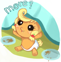 Size: 2212x2256 | Tagged: safe, artist:colourbee, applejack, earth pony, pony, g4, baby, baby pony, babyjack, diaper, female, foal, plate, solo