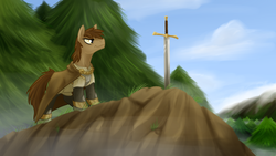 Size: 2880x1620 | Tagged: safe, armor, cape, chainmail, clothes, crossover, forest, king arthur, ponified, sword, sword in the stone