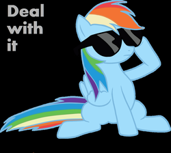 Size: 944x846 | Tagged: safe, rainbow dash, pegasus, pony, g4, black background, deal with it, female, folded wings, full body, mare, simple background, sitting, solo, sunglasses, wings