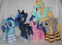 Size: 1024x739 | Tagged: safe, artist:calusariac, derpy hooves, firefly, lightning dust, minuette, princess luna, pegasus, pony, g1, g4, clothes, female, flying, g1 to g4, generation leap, group shot, irl, mare, photo, plushie, socks, striped socks