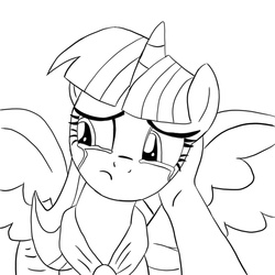 Size: 1000x1000 | Tagged: safe, artist:dotrim, twilight sparkle, alicorn, human, pony, g4, alicorn drama, black and white, clothes, comforting, coronation dress, crying, drama, dress, female, grayscale, hand, lineart, mare, monochrome, offscreen character, pov, sad, simple background, solo focus, spread wings, twilight sparkle (alicorn), white background, wings