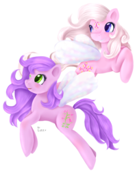 Size: 921x1150 | Tagged: safe, artist:lizzyrascal, honeysuckle, lily (g1), flutter pony, g1, colored pupils, duo, flying, simple background, transparent background