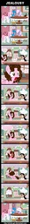 Size: 919x6726 | Tagged: safe, artist:shinta-girl, oc, oc only, oc:dream star, oc:flower white, oc:shinta pony, oc:shiny love, aaron pony, blushing, comic, jealous, translation