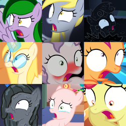 Size: 1200x1200 | Tagged: safe, artist:jan, apple bloom, derpy hooves, marble pie, scootaloo, sweetie belle, oc, oc:emerald may, oc:line code, pegasus, pony, ask the crusaders, g4, crying, earth pony sweetie belle, female, mare, shocked, sweetie bald