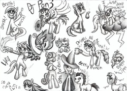 Size: 2400x1716 | Tagged: safe, artist:thecheeseburger, berry punch, berryshine, blues, bon bon, derpy hooves, diamond tiara, dj pon-3, doctor whooves, donny swineclop, lyra heartstrings, minuette, noteworthy, octavia melody, pound cake, princess luna, pumpkin cake, sweetie drops, time turner, trixie, vinyl scratch, oc, cyclops, pony, g4, alcohol, bipedal, cider, crying, dialogue, drunk, grayscale, grin, hand, happy, lightning, monochrome, pear, raincloud, sad, smiling, sunglasses, toothbrush, traditional art