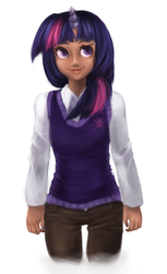 Size: 452x739 | Tagged: safe, artist:moon-beams, twilight sparkle, human, g4, dark skin, female, horn, horned humanization, humanized, solo, sweater vest