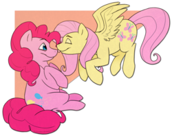 Size: 1004x796 | Tagged: safe, artist:arcticwaters, fluttershy, pinkie pie, earth pony, pegasus, pony, g4, duo, duo female, eyes closed, female, flying, lesbian, licking, mare, ship:flutterpie, shipping, sitting, smiling, spread wings, wings
