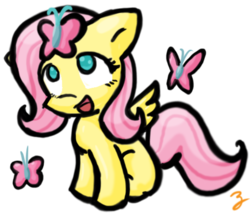 Size: 492x422 | Tagged: safe, artist:zutcha, fluttershy, butterfly, pegasus, pony, g4, blank flank, female, looking at something, looking up, no pupils, open mouth, open smile, simple background, sitting, smiling, solo, spread wings, three quarter view, transparent background, wings, younger