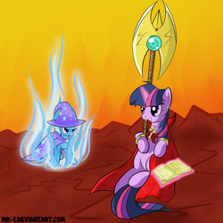 Size: 3000x3000 | Tagged: safe, artist:mr-1, trixie, twilight sparkle, g4, axe, battle axe, book, cape, cloak, clothes, high res, jewelry, magic, staff, weapon