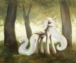 Size: 982x813 | Tagged: dead source, safe, artist:cosmicunicorn, princess celestia, alicorn, pony, g4, female, forest, missing accessory, solo