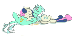 Size: 2971x1456 | Tagged: safe, artist:eggsammich, bon bon, lyra heartstrings, sweetie drops, earth pony, pony, unicorn, g4, female, mare, ship:lyrabon, shipping, simple background, sleeping, transparent background