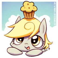 Size: 1000x1000 | Tagged: safe, artist:jopiter, derpy hooves, pegasus, pony, g4, chibi, cute, female, mare, muffin, solo, tongue out